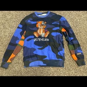 Blue and black sweatshirt .